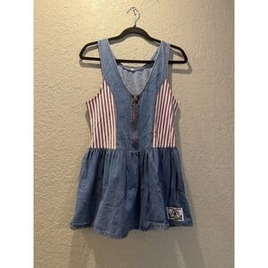 Cherokee Voyage Vintage Denim Striped Pinafore Dress Nautical Mini